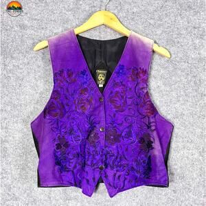 Chasser Snap Front Vest Purple Genuine Leather Embroidered Flower Women's 34
